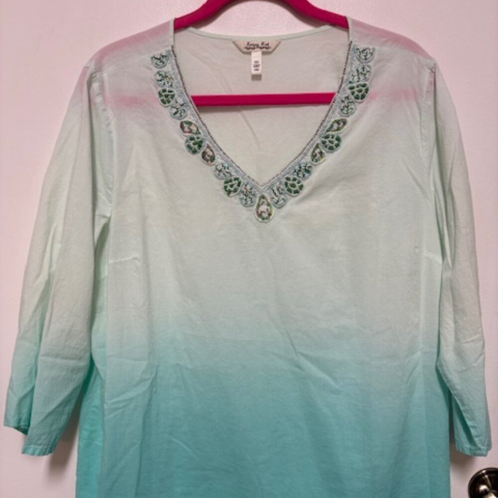 Krazy Kat Women's 100% Cotton Blue Teal Ombré Tunic Beaded Artsy Blouse Top. XXL